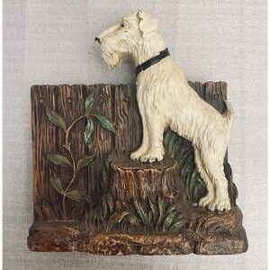 Vintage Syroco White Tan Schnauzer Garden Decor Dog Brush Holder 6.5" No Brush